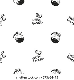 Set of cute hand drawn cafetiere and coffee. Vector illustration. Set of isolated home breakfast decorative elements. Chess grid order black pattern on white background