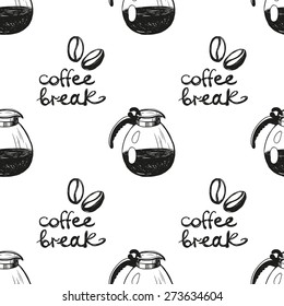 Set of cute hand drawn cafetiere and coffee. Vector illustration. Set of isolated home breakfast decorative elements. Chess grid order black pattern on white background