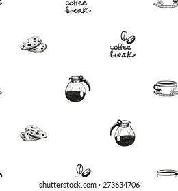 Set of cute hand drawn cafetiere, coffee, biscuit, coffee. Vector illustration. Set of isolated home breakfast decorative elements. Chess grid order black pattern on white background