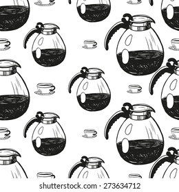 Set of cute hand drawn cafetiere and coffee. Vector illustration. Set of isolated home breakfast decorative elements. Chess grid order black pattern on white background