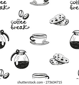 Set of cute hand drawn cafetiere, biscuit, coffee. Vector illustration. Set of isolated home breakfast decorative elements. Chess grid order black pattern on white background