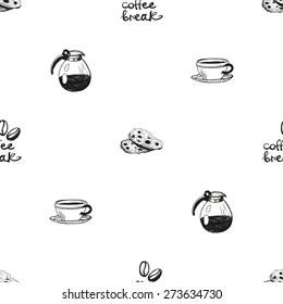 Set of cute hand drawn cafetiere, coffee, biscuit. Vector illustration. Set of isolated home breakfast decorative elements. Chess grid order black pattern on white background
