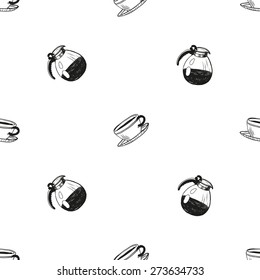 Set of cute hand drawn cafetiere and coffee. Vector illustration. Set of isolated home breakfast decorative elements. Chess grid order black pattern on white background