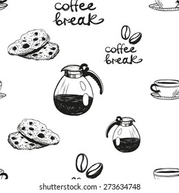 Set of cute hand drawn cafetiere, coffee, biscuit, Vector illustration. Set of isolated home breakfast decorative elements. Chess grid order black pattern on white background