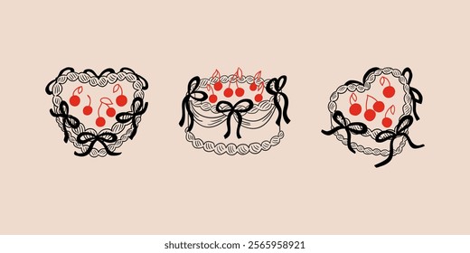 Set of cute hand drawn cakes with cherries and bows. Vector outline illustration of cakes in vintage coquette aesthetic. Holiday clipart for birthday, wedding, valentines day, etc.