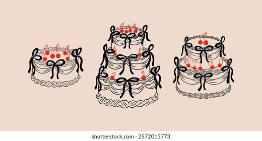 Set of cute hand drawn cakes with cherries and bows. Vector outline illustration of cakes in vintage coquette aesthetic. Holiday clipart for birthday, wedding, valentines day, etc.