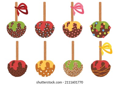 Set of cute hand drawn candy apples with chocolate, caramel icing and various sprinkles. Vector holiday design sweets for packaging, card, fabric, label, poster, wallpaper, print, wrapping paper.