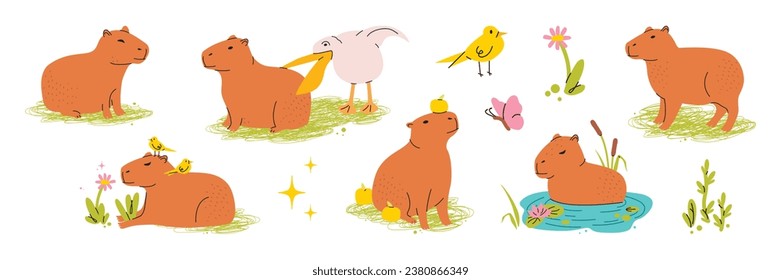 Juego de tiernos caracteres capibara dibujados a mano. Un roedor adorable con pájaro, pelícano, flores. Ilustración vectorial colorida. Logo, impresión, afiche, plantilla de diseño.