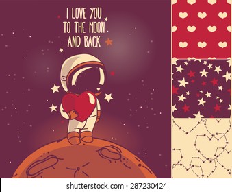 set of cute hand drawn card and seamless patterns for valentine's day design, cosmic vector illustration