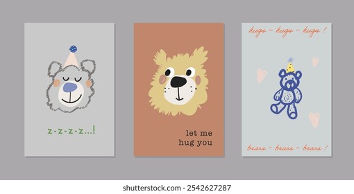 Conjunto de lindas cartas dibujadas a mano con osos