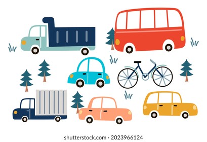 Set of cute hand drawn cars. Truck, bus, bycicle, dump truck, sedan, wagon. Cars for fabric, textile and wallpaper designs. Collection of flat cartoon vector illustration isolated on white background