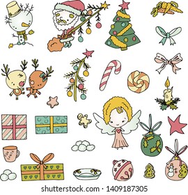 Set of cute hand drawn cartoon Christmas characters isolated on white. New Year element. Santa Snowman Reindeer presents Christmas tree angel ornaments jingle bell
