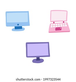 Set of cute hand drawn cartoon computers for business. Monitor, laptop with keyboard. Device for office, working at home or at cafe. Colorful vector clipart illustration isolated on the background.