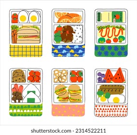 Set von süßen handgezeichnet Cartoon Lunch Boxen Vektorgrafik. Mittagessen und Bento-Boxen für Kinder in der Schule. Packtes Essen für das Büro. Speisen in Behältnissen wegnehmen. Verpackung für die Lebensmittellieferung.