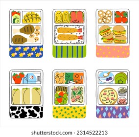 Set von süßen handgezeichnet Cartoon Lunch Boxen Vektorgrafik. Mittagessen und Bento-Boxen für Kinder in der Schule. Packtes Essen für das Büro. Speisen in Behältnissen wegnehmen. Verpackung für die Lebensmittellieferung.