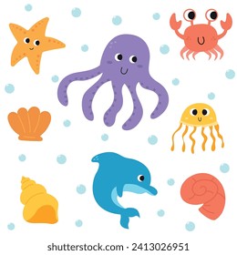 Set of cute hand drawn cartoon sea animals. Underwater world. Undersea life. Ocean creatures.
