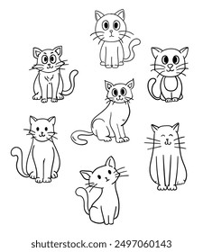 Set of cute hand drawn cartoon style cat line art, Animal flat illustration for children