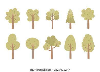 Set of cute hand drawn cartoon tree