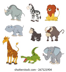 Set of cute hand drawn cartoon african animals. Lion, elephant, crocodile, giraffe, buffalo, gorilla, hippopotamus, rhinoceros, zebra.