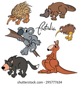 Set of cute hand drawn cartoon Australian animals. Koala, kangaroo, duckbill platypus, echidna, kiwi and tasmanian devil.