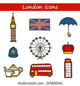 Set of cute hand drawn cartoon objects on London theme: queen crown, red bus, big ben, umbrella, london eye, telephone box. Travel concept for site, card, map