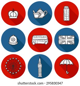 Set of cute hand drawn cartoon outline objects on London theme: queen crown, red bus, big ben, umbrella, london eye, telephone box. Travel concept for site, card, map