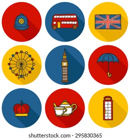 Set of cute hand drawn cartoon objects on London theme: queen crown, red bus, big ben, umbrella, london eye, telephone box. Travel concept for site, card, map