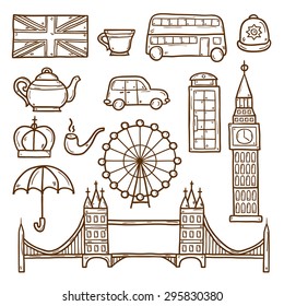 Set of cute hand drawn cartoon outline objects on London theme: queen crown, red bus, big ben, umbrella, london eye, telephone box. Travel concept for site, card, map