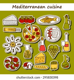 Set of cute hand drawn cartoon stickers on mediterranean cuisine theme: tomato, pasta, wine, cheese, olive, Ethnic food travel concept. Great for restaurant menu, card, site