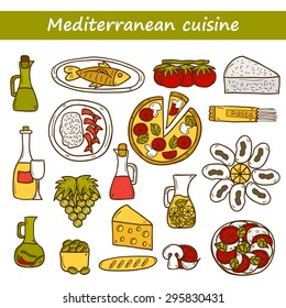 Set of cute hand drawn cartoon objects on mediterranean cuisine theme: tomato, pasta, wine, cheese, olive, Ethnic food travel concept. Great for restaurant menu, card, site