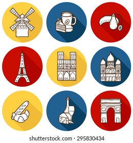 Set of cute hand drawn cartoon outline objects on Paris theme: eiffel tower, flag, moulen rouge, wine, croissant, macaroon. notre-dame. Travel concept for site, map, card