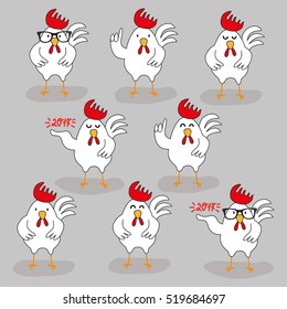 Set of cute hand drawn cartoon characters of rooster, symbol of year 2017