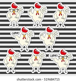 Set of cute hand drawn cartoon characters of rooster, symbol of year 2017