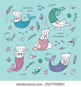 Set of cute hand drawn cat mermaids and marine animals. Vector illustration.