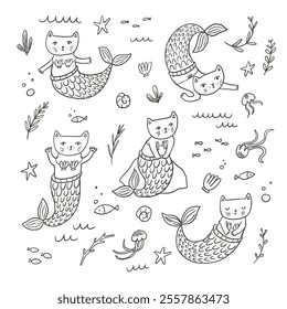 Set of cute hand drawn cat mermaids and marine animals. Vector line illustration.