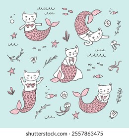 Set of cute hand drawn cat mermaids and marine animals. Vector illustration.