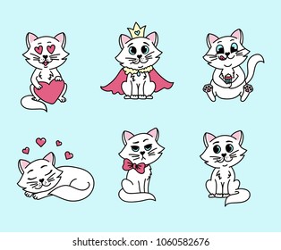 Set of cute hand drawn cats isolated on  mint green background. White cat stickers or badges for prints, poster, textile etc.