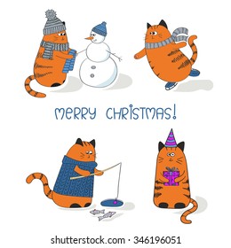 Set of cute hand drawn cats. Merry Christmas greetings. Collection of cartoon characters. 