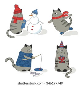 Set of cute hand drawn cats, winter vacation. Collection of cartoon characters. 