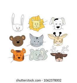 Set of cute hand drawn animal’s characters for kid’s clothes or as label, logotype, badge, icon, card, invitation template. Vector illustration. Giraffe, lion, bear, cat, dog, elephant, bunny, deer.