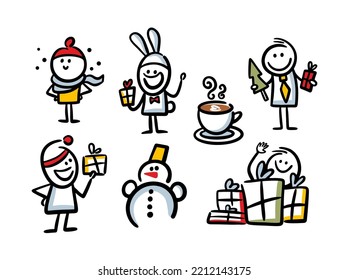 Set of cute hand drawn characters for christmas and new year winter holidays. Vector collection of illustrations in doodle style.   
