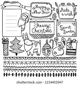 Set of cute hand drawn Christmas, New Year’s and winter’s doodle elements isolated on white background for bullet journal, diary, planner, greeting, invitation, card.