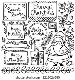 Set of cute hand drawn Christmas, New Year’s and winter’s doodle elements isolated on white background for bullet journal, diary, planner, greeting, invitation, card.
