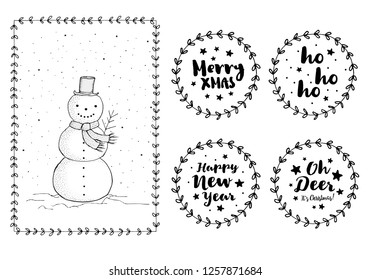 Set of Cute Hand Drawn Christmas Stickers and Card. Round Shape Tags with Floral Wreath and Merry Xmas, Happy New Year Text Inside. Card with Snowman in Floral Frame. Black and White Lovely Design. 