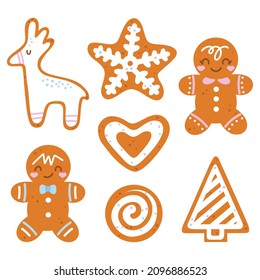 Set cute hand drawn Christmas gingerbread cookies isolated white background  Flat vector design man  reindeer  tree  snowflake  heart for packaging  print  card  label  textile  wrapping 
