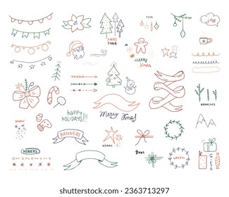 Juego de adorables iconos de Navidad dibujados a mano. Doodles de Navidad y Año Nuevo en estilo de dibujo de línea. Ilustración vectorial coloreada aislada en fondo blanco