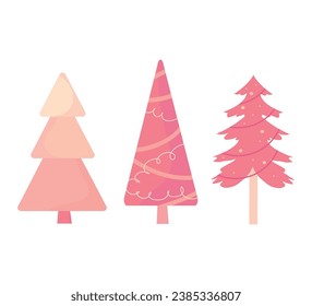 Conjunto de lindos árboles de Navidad dibujados a mano en ilustraciones vectoriales aisladas al estilo de pinkcore