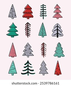 Conjunto con una mano linda dibujada iconos de árbol de Navidad. Decoraciones de X-Mas. Ilustración vectorial