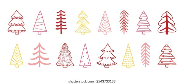 Conjunto con una mano linda dibujada iconos de árbol de Navidad. Decoraciones de X-Mas. Ilustración vectorial