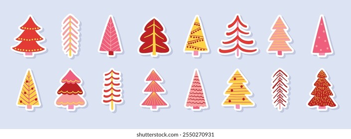 Conjunto con una linda mano dibujada pegatinas de árbol de Navidad. Decoraciones de X-Mas. Ilustración vectorial